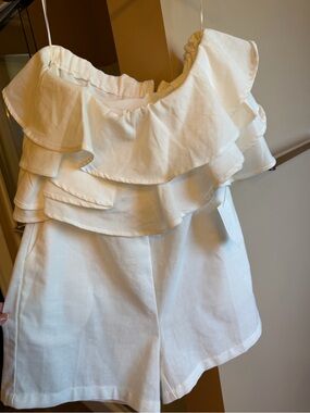 High-Waist White Ruffle Shorts with Off-Shoulder Overlay